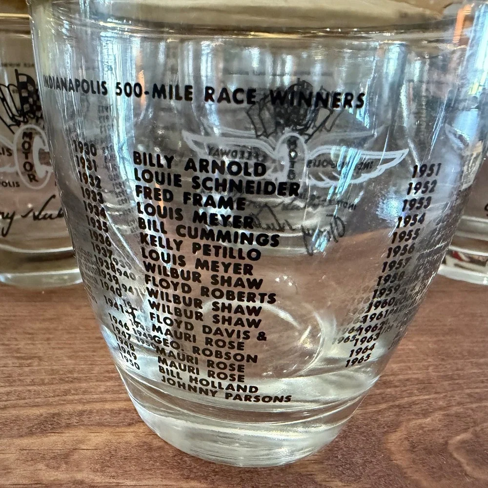 Vintage Indy 500 Winners Rocks Glass Set of 6 Tony Hulman Signed Gold Rim in Box